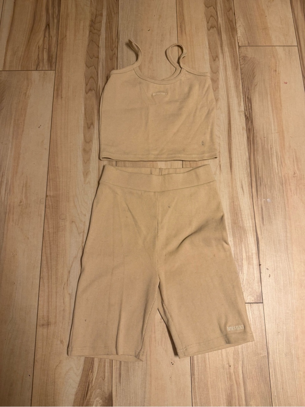 Meshki Beige Ribbed Tank and Biker Short Set